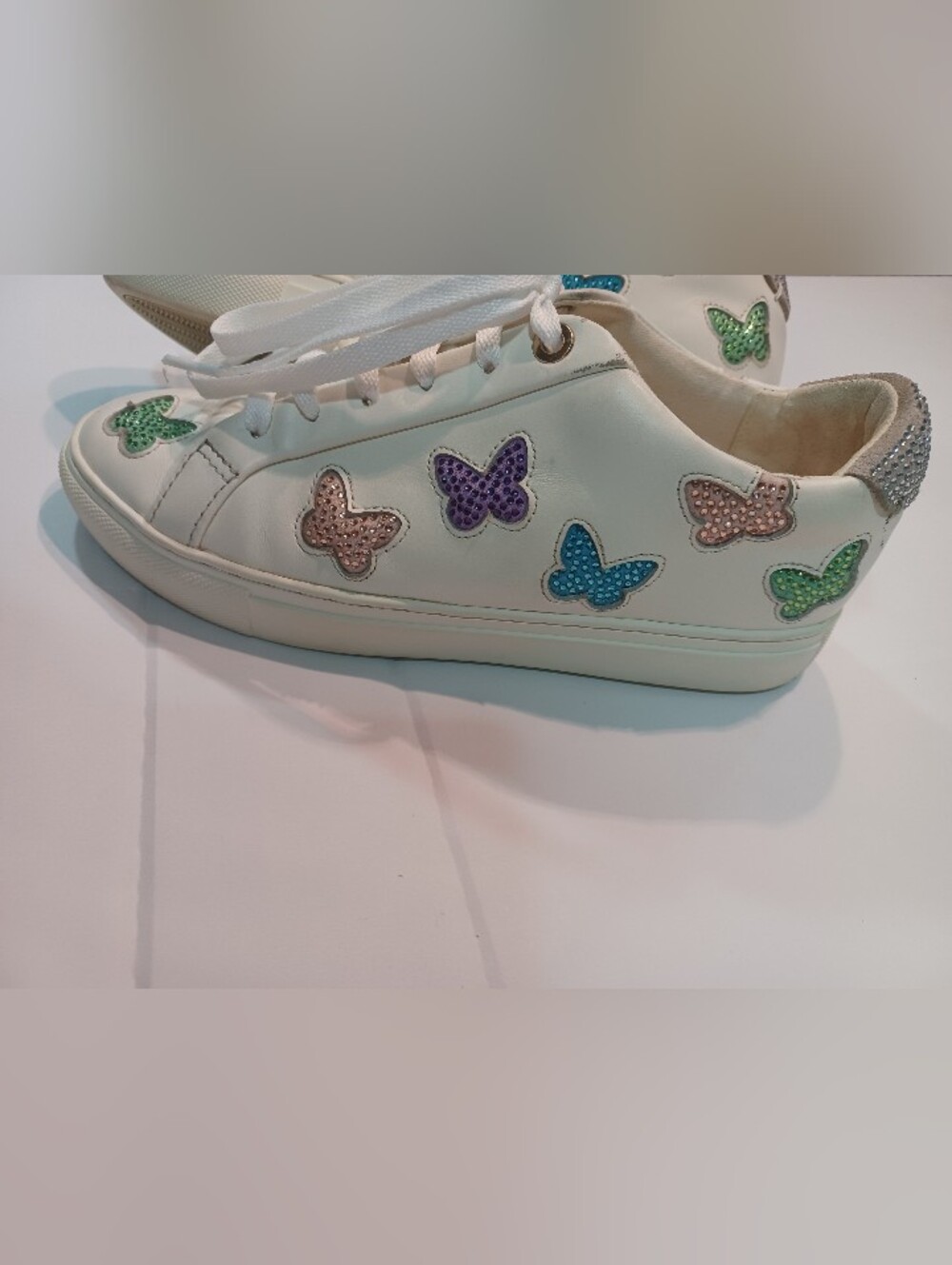 Kurt Geiger London Lane White Leather Sneakers Multicolor Rhinestone Butterflies - Picture 6 of 12